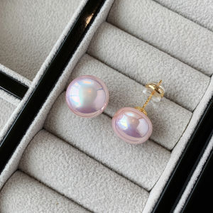 Cherry Pink Sterling Silver Needle French Flat round Steamed Bread Large Pearl Earrings Womens Accessible Luxury Fancy Earrings Sweet Earrings
