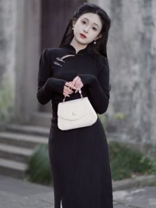 Retro Style Long Cheongsam Knitted Dress Womens Fashion Retro Buttons Black Color for Autumn Winter Daily Wear Cotton Blend