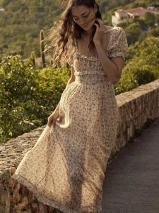 French Pastoral Doen Same Style Oil Painting Feeling Fresh Floral Ruched Square Collar Puff Sleeve Fairy Long Dress