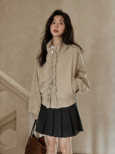 seemon | Áo Blouse Nữ Elegent Mỏng Có Zip Khaki Cổ Dây Rút