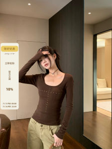 Shiny American Style Hot Girl Long Sleeve T-Shirt Womens Slim Fit U-Neck Base Shirt Inner Wear Brown Casual Cotton Top