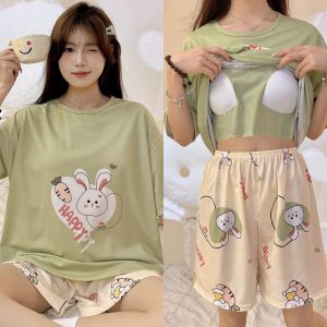 Womens Summer Pure Cotton Short Sleeve Sleepwear Set with Chest Pad Thin Home Clothes Large Size Can Be Worn outside