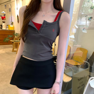 เสื้อกั๊กแขนกุดสีแดงสไตล์อเมริกันย้อนยุคสำหรับผู้หญิง ฤดูร้อน 2025 ทรงเข้ารูป ผ้าผสมคอตตอนและยางยืด ความยาวปกติ