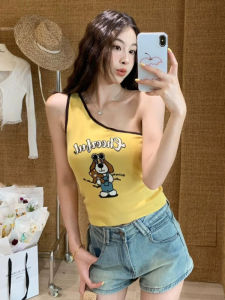 YUEZHONGWEI | French Style Shoulder Bared Cartoon Print Yellow Ice Silk Knitted Vest Women Summer Outerwear Slim Fit Short Sleeveless Top