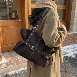 clu Korean style Tote bag with large capacity retro plain color women shoulder bag simple underarm bag ulc