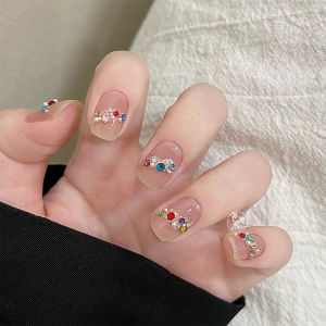 Wearing a Short round Head Sweet Cute Full of Pearl Rainbow Candy Rhinestone Gem Nail Stickers Student