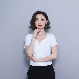Chiffon Shirt Womens Summer New Korean Style Loose Chiffon Shirt Womens V-neck Short Sleeve Blouse Shirt