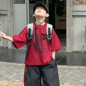 Boys Summer Short Sleeve T-Shirt And Sporty Loose Pants Five Parts Set Childrens Clothing Korean Style Cotton Blend Material