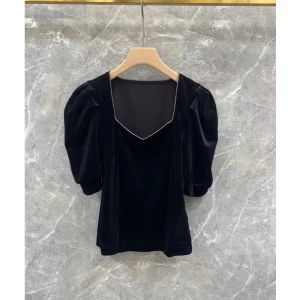 French Heavy Diamond Embellished Short Sleeve Womens Shirt Bubble Sleeve Square Collar Top Design Sensation Niche Autumn Winter