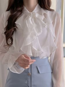 เรียบหรู สไตล์ฝรั่งเศส ผู้หญิง เสื้อเชิ้ต ทันสมัย ไม่เท่ากัน เฮ็ม ผ้าชีฟอง เสื้อท่อนบน Retro Straight Tube Sleeve Long แขนเสื้อ Pure Color