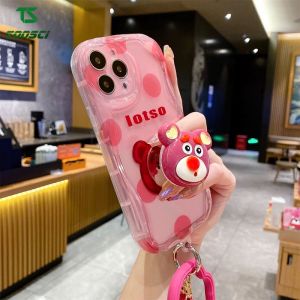 3D Bracket Bracelet Disney Cute Cartoon Lotso Bear Wave Border Phone Casing Soft Back Cover For OPPO F9 F11 Reno 4 Pro Reno 4F Reno 5 Reno 5F Reno 6 Reno 7 Reno 7Z Reno 8 Pro Reno 8T Reno 8Z