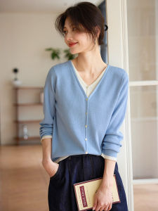 Blue Long Sleeve V-neck Knitted Top Womens Fashion Color Block Design Sensation Elegant Style Commute Straight Tube Shape
