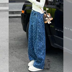 Quần Jeans Ống Rộng Cạp Cao in Hoa Xanh Denim Quần Dài Ôm Dáng Mùa Xuân 2025 Quần Dài Ôm Dáng Thường Ngày Cho Nữ