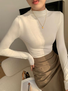 Womens Half High Collar Modal Long Sleeve T-Shirt Thin Style mid Collar Base Shirt Korean Style Commute Autumn Fashion