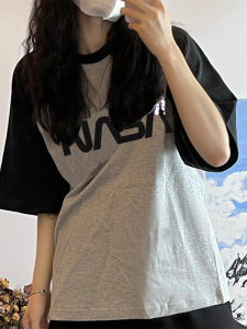 Plus Size Pure Cotton Short Sleeve T-shirt for Women Chubby Girl Shoulder Half Sleeve Tops American Retro Slim Fit Slimming Color Matching Couple Wear