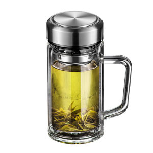 Double Layered Glass Cup for Office Use Large Capacity Tea Water Separation Tea Brewing Cup with Lid Mens Style Home Use Cup