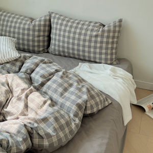 Bộ Đồ Chăn Ga Gối Cotton Họa Tiết Caro Xám Phong Cách Nhật Bản Đơn Giản