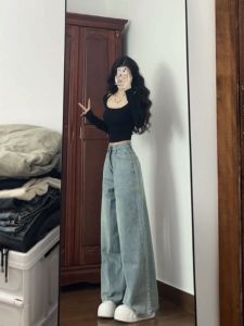Retro Faded Light High Waist Wide Leg Jeans Womens Spring Summer New Loose Slimming Drapey Floor-Length Pants