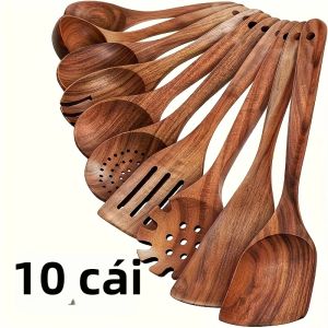 KEMORELA 10 CÁI Bộ Thìa Gỗ Tự Nhiên Dụng Cụ Nấu Ăn Thân Thiện Với Môi Trường Dùng Cho Mì Súp Salad - Bộ Dụng Cụ Nhà Bếp Kèm Thìa Muôi