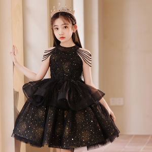 Girls Black Evening Dress Kids Birthday Princess Dress Flower Girl Host Piano Catwalk Performance Costumes Summer