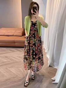 Ice Silk Thin Cardigan Knitted Dress Set Womens Spring Summer New Style Slimming Elegant Age Reducing Dress Two Piece Set