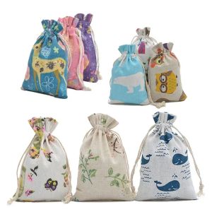 10pc Drawstring Cotton Linen Print Organizer 10x14/13x18cm Women Jewelry Cosmetics Cloth Bag Christmas Gift Bag Party Decoration