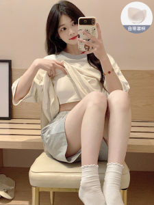 Summer New Womens Sleepwear with Chest Pad Cute Stripe Little Dog Short Sleeve Shorts Set Korean Version Outdoor Wear Home Clothes