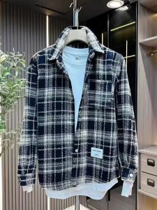 Autumn New Arrival Classic Style Shirt Coat Men Trendy Easiest for Match Fashion Loose-Fitting Sanding Plaid Lapel Couple Jacket