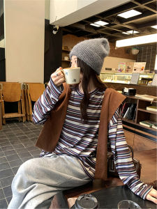 QIAONIAOGE | Miu System Aesthetic Striped Knitted Long Sleeve Womens T-shirt Autumn Round Neck Loose Vintage Lazy Top Inner Wear Base Shirt