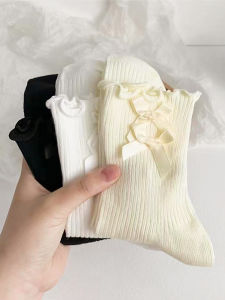 Spring Autumn Butterfly Knot Mid-Calf Womens Socks with Earlet Lace Mary Jane JK Mini Shoes Summer Long Socks Cotton Blend