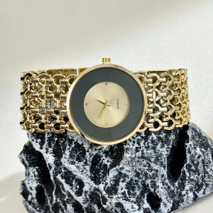 Classy Watch for Woman Featuring Big Face Black - Glass Bezel and Perforated Broad Band