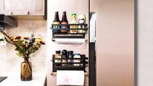 Magnetic Spice Rack Wall Hanging Spice Rack Wall Mounted Basket Kitchen Storage Rack Fridge Rack with 4 Hook Paper Roll Rack Wall Shelf Rack Vegetable Fruit Spice Holder Dispenser Bathroom Shelve for Microwave Oven Kitchen Organizer Saving Space