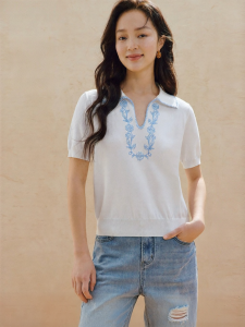 INMAN | Slimming Ice Silk Short Sleeve Contrasting Colors Embroidery V-Neck Lightweight Knitwear