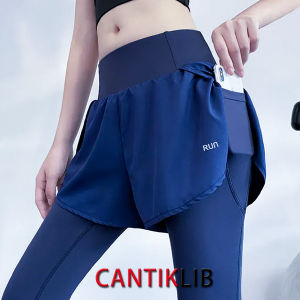 Celana Yoga Legging Dua Potong Palsu Kebugaran Wanita & Celana Olahraga Lari Jogging
