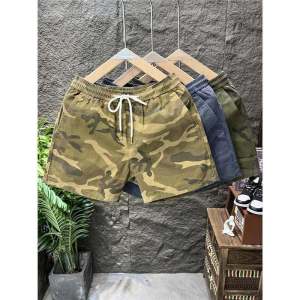 Camouflage Mens Cotton Shorts Summer Loose Fit Casual Pants Elastic Workwear mid Waist Pocket Water Washed Khaki Trendy Style