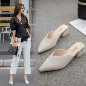 Small Size High Heel Slippers for Women Summer Outdoor Wear French Pointed Toe Thick Heel Single Shoes Fragrance Style Mules