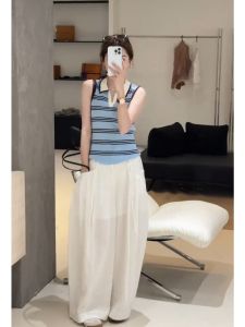 YUEZHONGWEI | Ice Silk Knitted Color-block Stripe Collar Sleeveless Vest for Summer