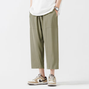 Summer Ice Silk Quick Dry Thin Wide Leg Casual Sports Mid-Length Pants Loose Straight Cut Mens Fashion Trousers