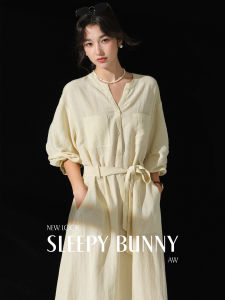 Lyocell Linen V-neck Tied Waist Casual Autumn Dress