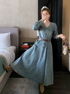 Blue V-Neck Denim Slimming Dress Womens A-Line Skirt Casual Long Sleeve Commute Style Autumn New Lazy Fashion Age-Defying