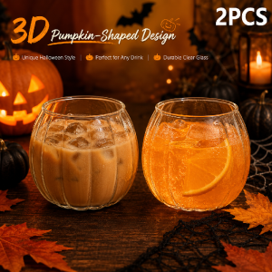 2PCS 420ml Halloween Pumpkin Glass Cup Clear Pumpkin-Shaped Drinking Glass for Iced Coffee Juice  Soda Party Drinks and Desserts