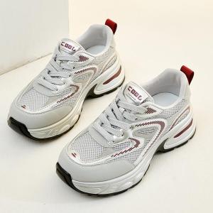 Kangyi Korean Style Large Size Casual Leather Dad Shoes Thick Bottom round Toe Womens Footwear Breathable Mesh Upgraded Version