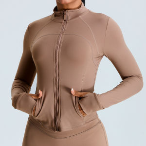 เสื้อแจ็คเก็ตโยคะแขนยาวฤดูใบไม้ร่วง/ฤดูหนาวสำหรับผู้หญิง คอตั้ง ซิป กระชับสัดส่วน เสื้อออกกำลังกายสำหรับวิ่งกลางแจ้ง ฝึกซ้อม ออกกำลังกาย