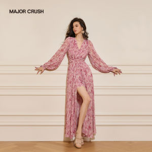 French Style Floral Print V-Neck Waist-Cinching Pink Dress