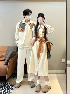Couple Matching French Design Printed Patchwork Fake Two-Piece Dress Vintage Elegance Long Skirt Trendy High Waist A-Line Dress