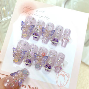 【With Glue】Mid-length Fake Nail Purple Butterfly Decor Artificial Nail for Women and Girl Party Activity