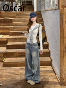 American Retro Wide Leg Denim Jeans Womens High Waist Loose Slimming Drapey Straight Cut Pants Fall Season New Style