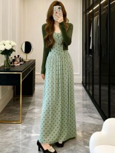 LIRENQING | Retro Green Dotted Halter Dress Autumn