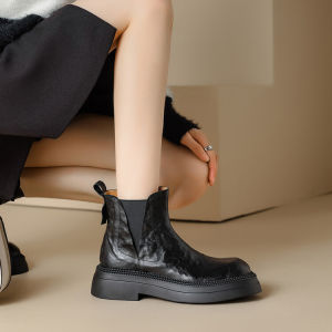 Corso Venezia Short Martin Boots Womens One-Touch Genuine Leather Boots Fashionable round Toe Low Heel Glue-Welded Pig Skin