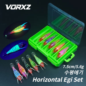 10Pieces/box Wooden Shrimp Set EGI Set Horizontal Squid Horizontal Jig Flying Squid Jig Horizontal Egi UV Glow Fishing Gear